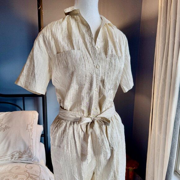 Vintage 80s Beige Crinkle Buttoned Shirt and Pants Set - Picture 2 of 13